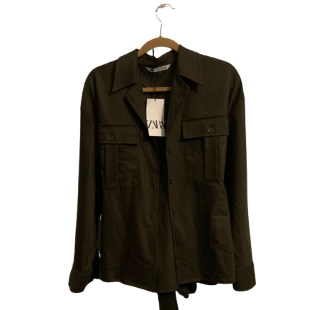 NWT - ZARA Belted Pocket Light Jacket - Size LARGE - Olive